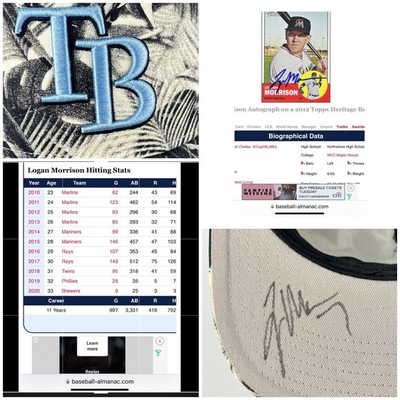 Tampa Bay Rays Signed Mens Adj Hat LOGAN MORRISON #7 Cap Snapback '47 Brand Palm - Picture 3 of 16